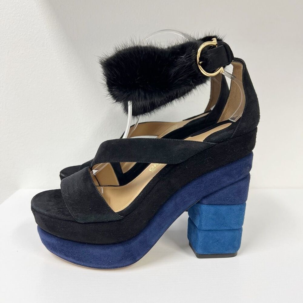 Salvatore Ferragamo Wrap Around Colorblock Suede Leather Heels 11‎ Mink Fur